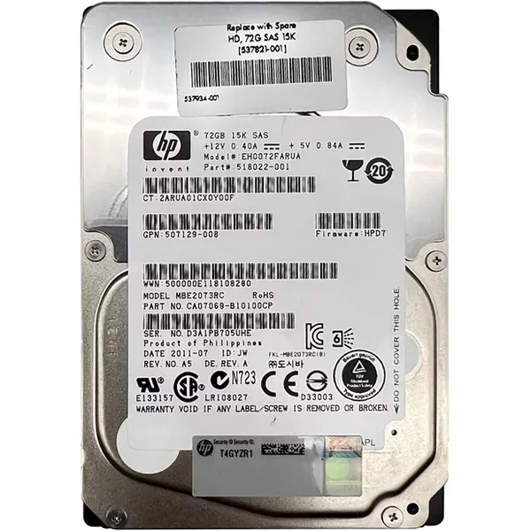 HP 537821-001 | 72GB 15000RPM SAS 6Gb/S Hot-Pluggable Dual Port SFF 2.5-Inch Enterprise Hard Drive For Gen1/7 Proliant Server/Storage Array-image