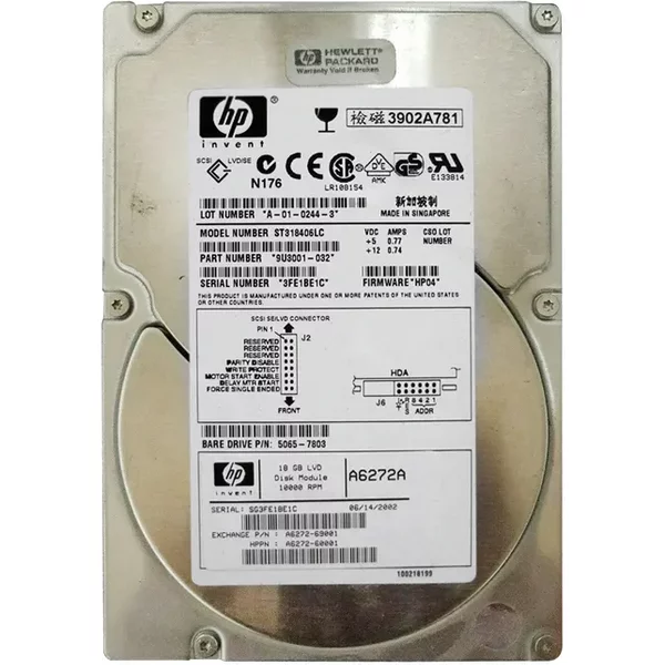 HP A6272-69001 | 18.2GB 10000RPM Ultra160 Scsi Hot Swappable LVD 80-Pin 3.5-Inch Hard Drive-image