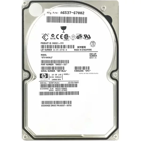 HP A6537-69750 | 18.2GB 10000RPM Ultra160 Scsi Hot Swappable LVD 80-Pin 3.5-Inch Hard Drive-image
