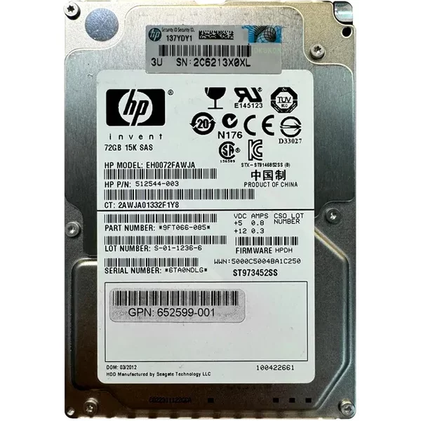 HP EH0072FAWJA | 72GB 15000RPM SAS 6Gb/S Hot-Pluggable Dual Port SFF 2.5-Inch Enterprise Hard Drive For Gen1/7 Proliant Server/Storage Array-image