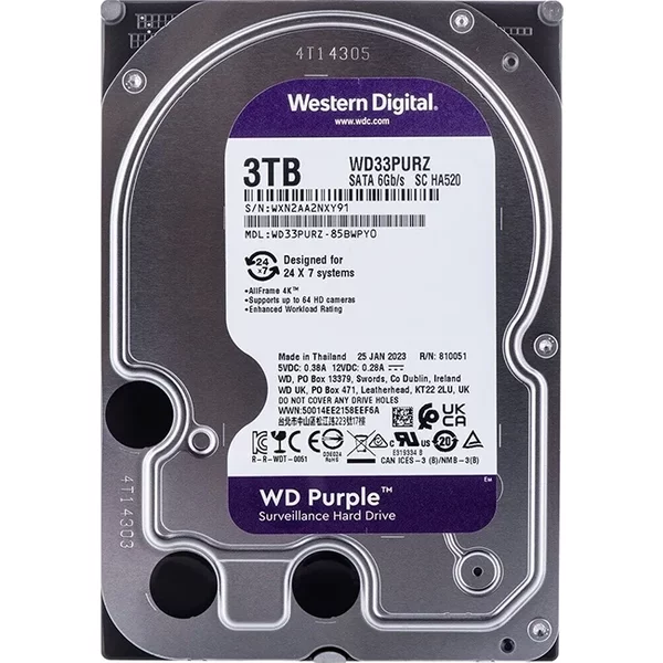 Western Digital WD33PURZ | Purple 3TB 3.5-Inch 6Gb/S Sata 5400RPM 256MB Cache Surveillance Hard Drive-image
