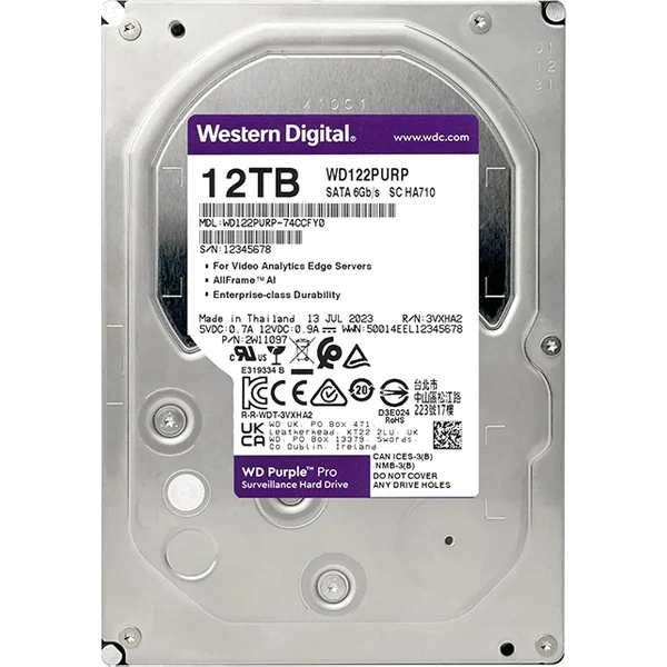 Western Digital WD122PURP | Purple Pro Air 12TB 3.5-Inch 6Gb/S Sata 7200RPM 512MB Cache Surveillance Hard Drive-image
