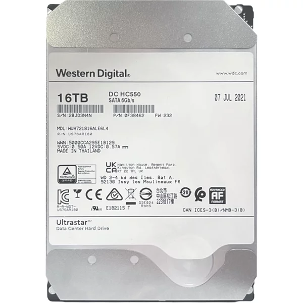 Western Digital 0F38462 | Ultrastar DC HC550 16TB 3.5-Inch 6Gb/S Sata 7200RPM 512MB Cache 512E/4Kn SE Data Center Hard Drive-image