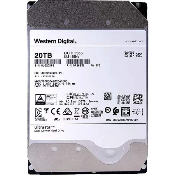 Western Digital 0F38651 | Ultrastar DC HC560 20TB 3.5-inch 12GB/s SAS 7200RPM 512MB Cache 512e/4Kn SED Data Center Hard Drive