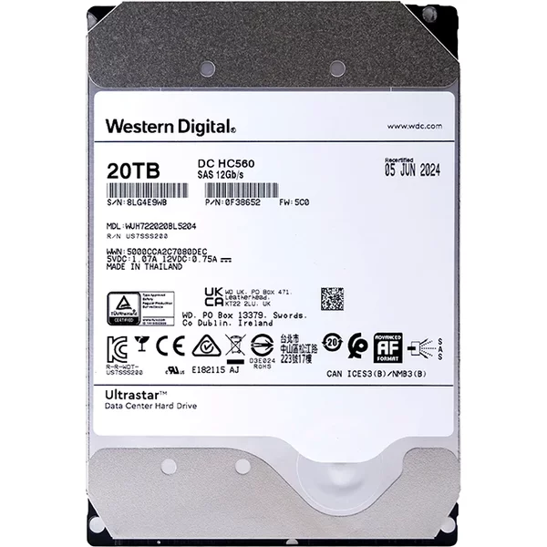 Western Digital 0F38652 | Ultrastar DC HC560 20TB 3.5-Inch 12Gb/S SAS 7200RPM 512MB Cache 512E/4Kn SE Data Center Hard Drive-image