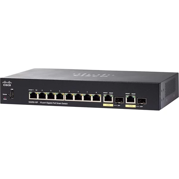 Cisco SG250-10P-K9-NA | Small Business 250 Series SG250-10P 8 X Ports Poe+ 10/100/1000Base-T + 2 X Ports Combo Sfp Rack-Mountable Layer 2 Managed Gigabit Ethernet Smart Network Switch-image
