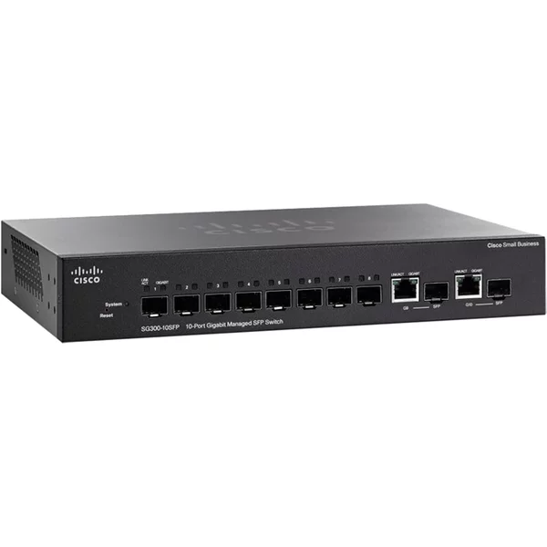 Cisco SG300-10SFPK9AU-RF | Small Business 300 Series SG300-10SFP 8 X Ports Sfp 10/100/1000Base-T + 2 X Ports Combo Sfp (Mini-Gbic) Rack-Mountable 1U Layer 3 Managed Gigabit Ethernet Network Switch-image