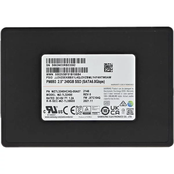 Samsung MZ7L3240HCHQ-00A07 | Enterprise PM893 Series 240GB Triple-Level Cell Sata 6Gb/S V-NAND 7Mm 2.5-Inch Solid State Drive-image