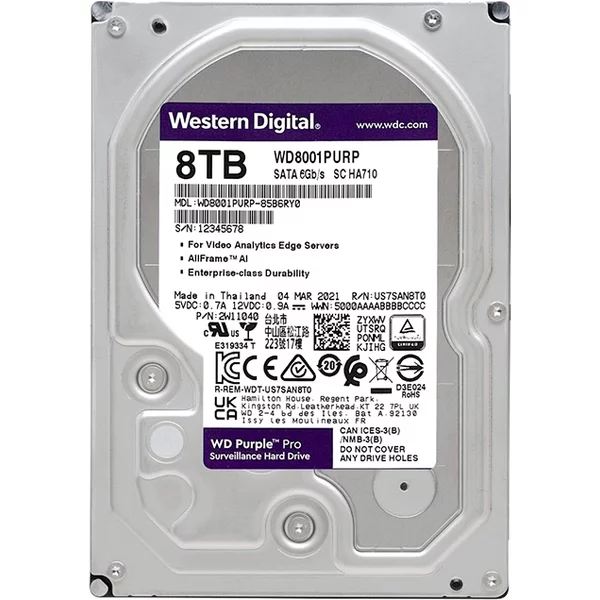 Western Digital WD8001PURP | Purple Pro 8TB 7200RPM SATA 6Gb/s 256MB Cache (RoHS) 3.5-Inch Surveillance Hard Drive