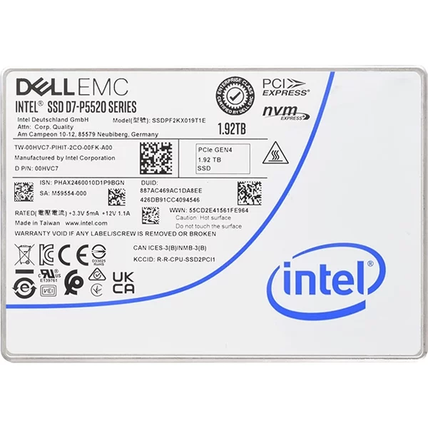 Dell 00HVC7 | 1.92TB Triple-Level Cell Pci Express Nvme 4.0 X4 Read Intensive U.2 2.5-Inch Solid State Drive-image