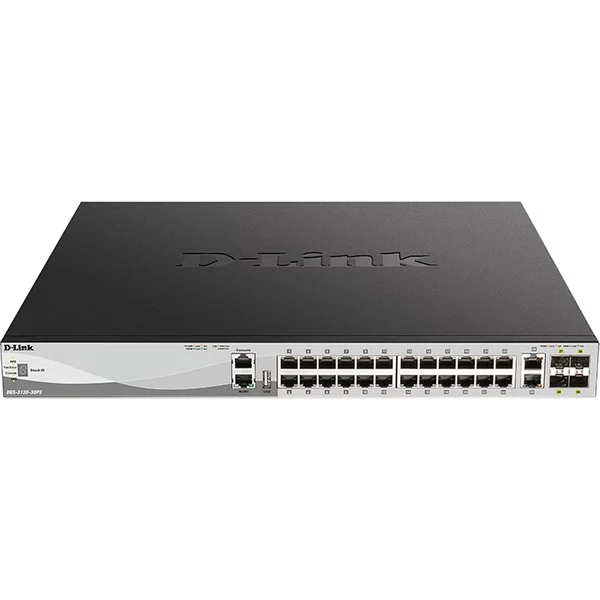 D-Link DGS-3130-30PS | DGS-3130 Series 24 x 10/100/1000Base-T RJ-45 PoE and 2 x 10GBase-T RJ-45 and 4 x 10G SFP+ Ports Layer 3 Managed Stackable Gigabit Ethernet Switch