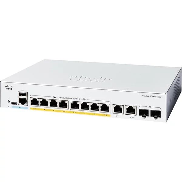 Cisco C1300-8P-E-2G | Catalyst 1300 Series 1300-8P-E-2G 8 X 10/100/1000Base-T RJ-45 Poe+ And 2 X 1G RJ-45/SFP Dual Pupose Uplink Ports Layer 3 Managed Gigabit Ethernet Switch-image