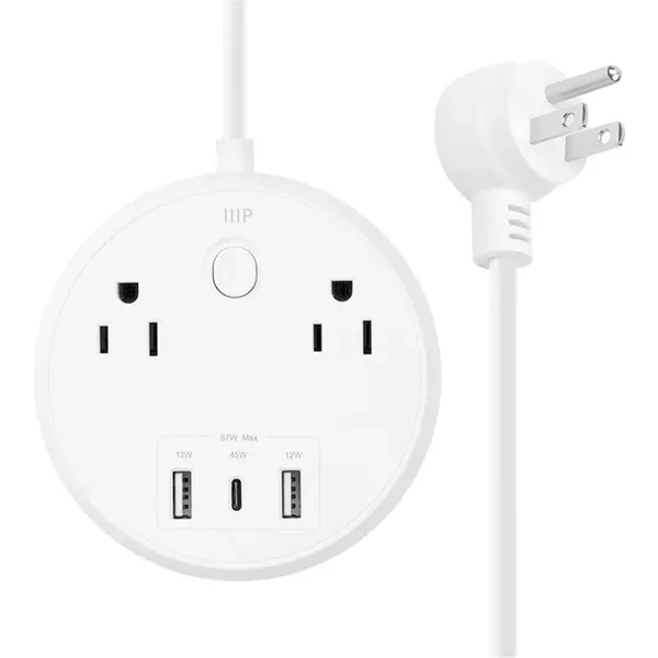 Monoprice 41809 | USB-C Power Strip Pad 2 Outlets and 3 USB 57W (2x 12W USB-A 1x 45W USB-C) with 5-Foot Extension Cord