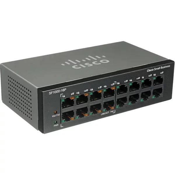 Cisco SF100D-16P | Small Business 100 Series SF100D-16P 16 X 10/100Base-Tx RJ-45 Poe Ports Layer 2 Unmanaged Fast Ethernet Network Desktop Switch-image