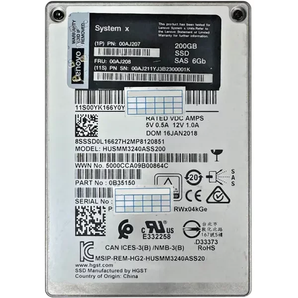 Lenovo 00AJ207 | 200GB Multi-Level Cell Sas 6Gb/S Hot Swappable 2.5-Inch Solid State Drive For System X3550 M5-image