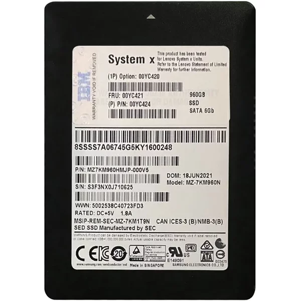 Lenovo 00YC420 | 960GB Multi-Level Cell Sata 6Gb/S Hot Swappable 3.5-Inch Solid State Drive For System X3550 M5 Server-image
