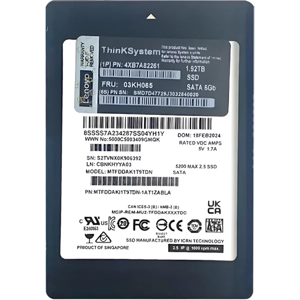 Lenovo 4XB7A82261 | 1.92TB Sata 6Gb/S Read Intensive Hot-Swappable 2.5-Inch Solid State Drive For Thinksystem-image