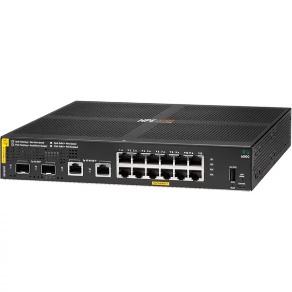 HP R8N89B#ABA | CX 6000 Series 6000 12G Class4 Poe 2G/2SFP 12 X Ports 1000Base-T Class4 Poe+ + 2 X SFP Ports + 2 X RJ-45 Ports 1U Rack-Mountable Layer 2 Managed Stackable Rack-Mountable Gigabit Ethernet Network Switch-image