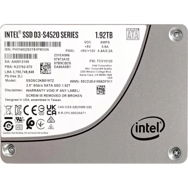 Intel SSDSC2KB019TZ | D3-S4520 Series 1.92TB Sata 6Gb/S 3D Nand Tlc (AES-256 / Plp) 2.5-Inch Solid State Drive (Ssd)-image