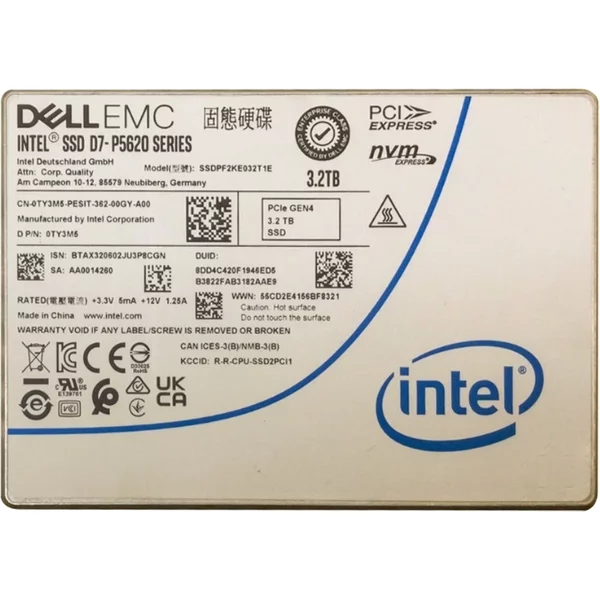 Dell TY3M5 | 3.2TB Triple-Level Cell Pci Express Nvme 4.0 X4 Mixed Use U.2 2.5-Inch Solid State Drive For 14G 15G 16G Poweredge Server-image