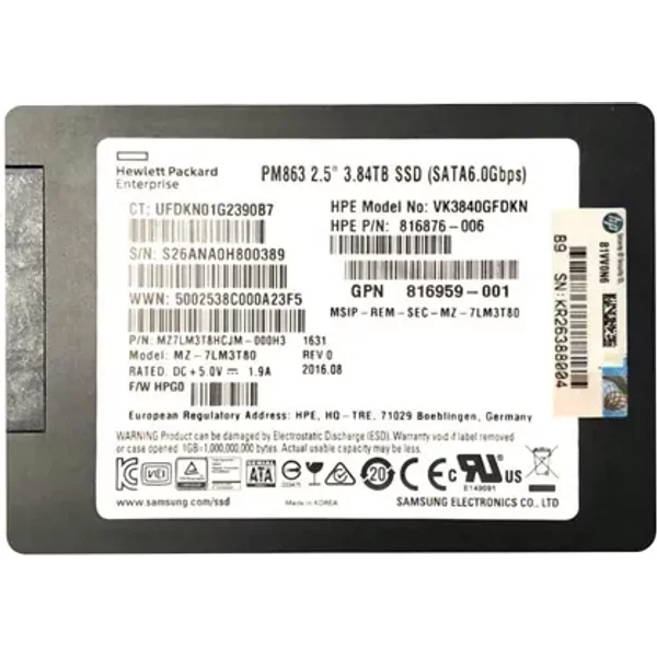 Hp VK3840GFDKN | 3.84TB Sata 6Gb/S Hot-Pluggable Read Intensive 2.5-Inch Enterprise Solid State Drive For Proliant Server And Storage Array-image