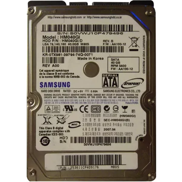Samsung HM040GI | Spinpoint M80S 40GB 5400RPM Sata 1.5Gb/S 8MB Cache 2.5-Inch Hard Drive-image