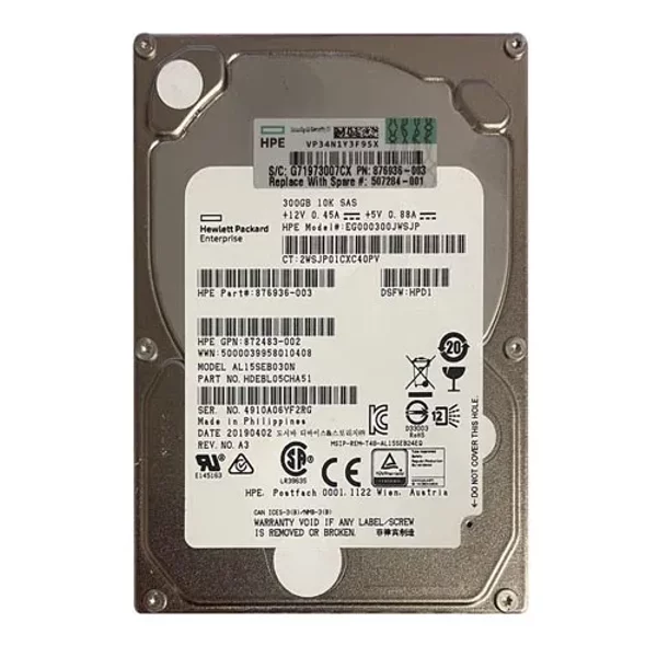 HP 876936-003 | 300GB 10000RPM SAS 12Gb/S SFF Hot-Pluggable 2.5-Inch Hard Drive For Gen8 To Gen9 Proliant Server-image