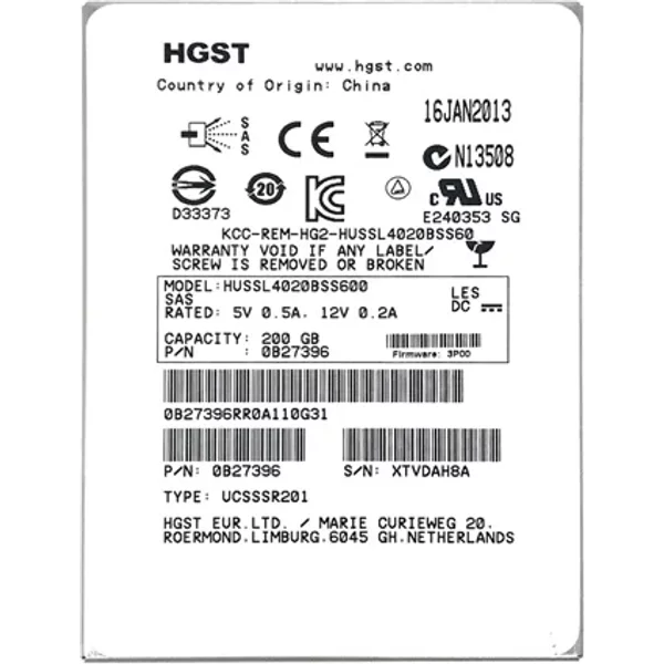 Hgst HUSSL4020BSS600 | Ultrastar SSD400S.B Series 200GB Single-Level-Cell Sas 6Gb/S 2.5-Inch Solid State Drive-image