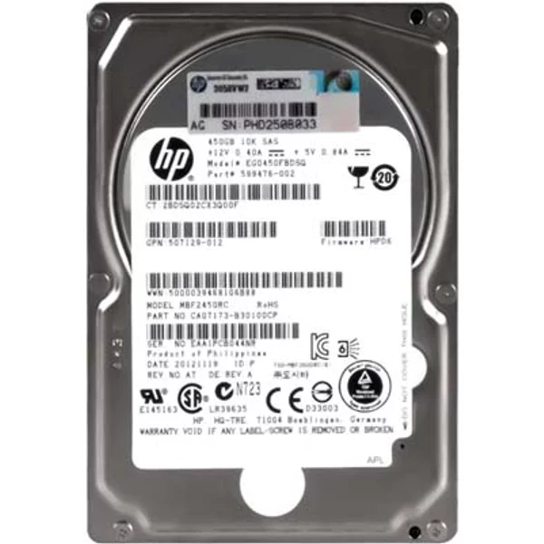 HP 599476-002 | 450GB 10000RPM SAS 6Gb/S Hot-Pluggable Dual Port SFF 2.5-Inch Enterprise Hard Drive For Gen1/7 Proliant Server/Storage Array-image