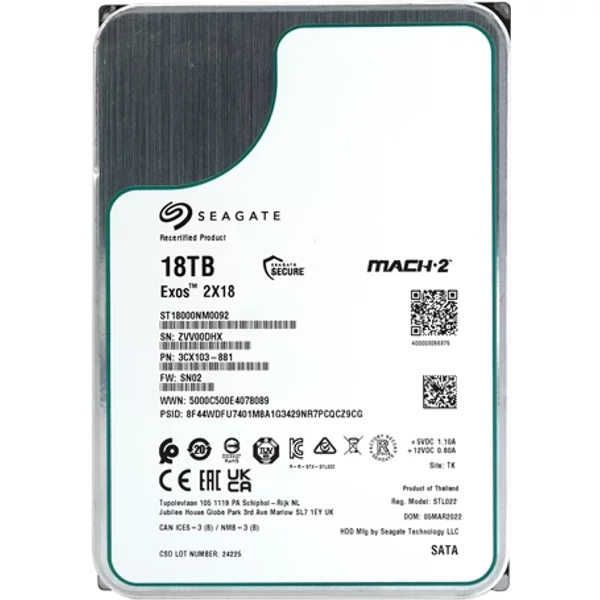Seagate ST18000NM0092 | Exos 2X18 18TB 7200RPM Sata 6Gb/S 256MB Cache 512E 3.5-Inch Hard Drive-image