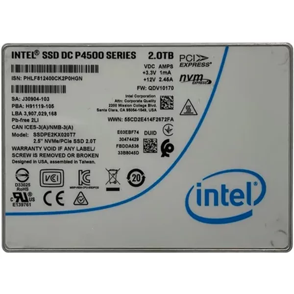 Intel SSDPE2KX020T701 | Dc P4500 2TB Triple-Level Cell Pci Express 3.1 X4 Nvme U.2 2.5-Inch Solid State Drive-image