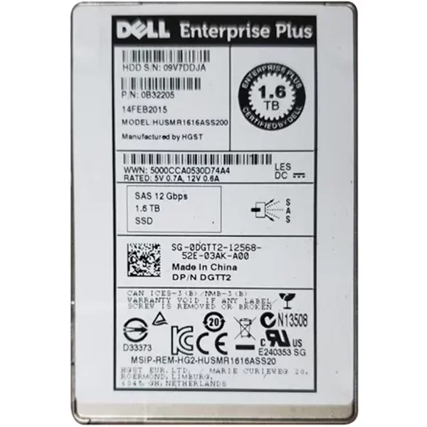 Dell 0DGTT2 | 1.6TB Multi-Level Cell Sas 12Gb/S Hot-Pluggable 2.5-Inch Enterprise Solid State Drive For Poweredge Servers-image