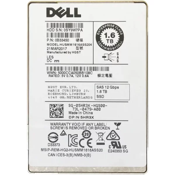 Dell 5HR3X | 1.6TB Multi-Level Cell Sas 12Gb/S Hot-Pluggable Write Intensive (512N) 2.5-Inch Solid State Drive For Poweredge And Powervault Servers-image