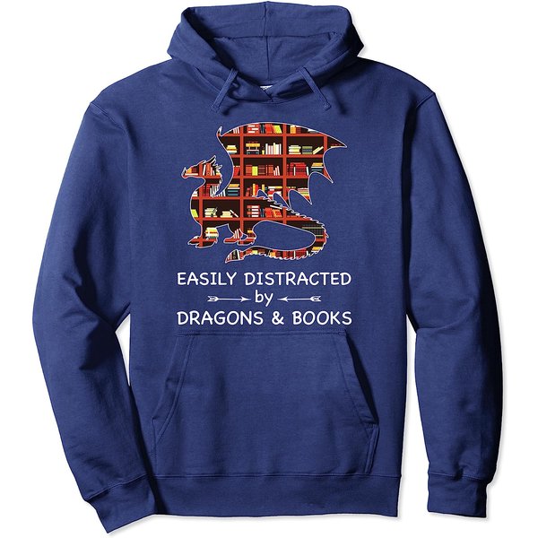 Easily Distracted By Dragons & Books Nerds Funny Book Lovers Pullover Hoodie-image