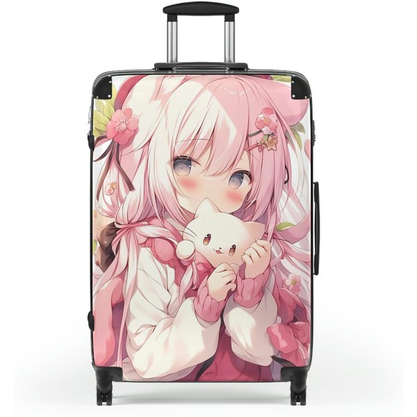 Pink Anime Suitcase Luggage, Girl Cat Kawaii Carry On 4 Wheels Cabin Travel