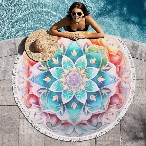 Mandala Round Beach Towel Terry Cloth Blanket, Circle Tassels Fringe Circular Beach
