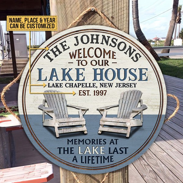 Lake Memories At The Lake Custom Personalized Wood Door Sign-image
