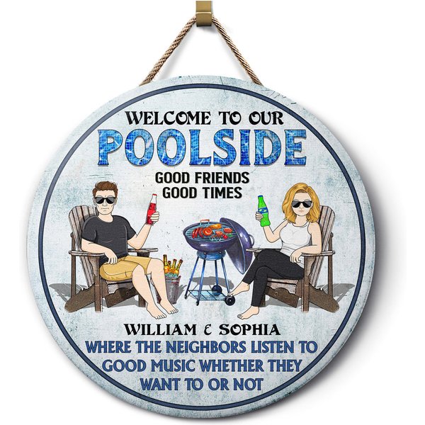 Poolside Grilling Listen To Good Music Couple Husband Wife Personalized Wood Door Sign-image