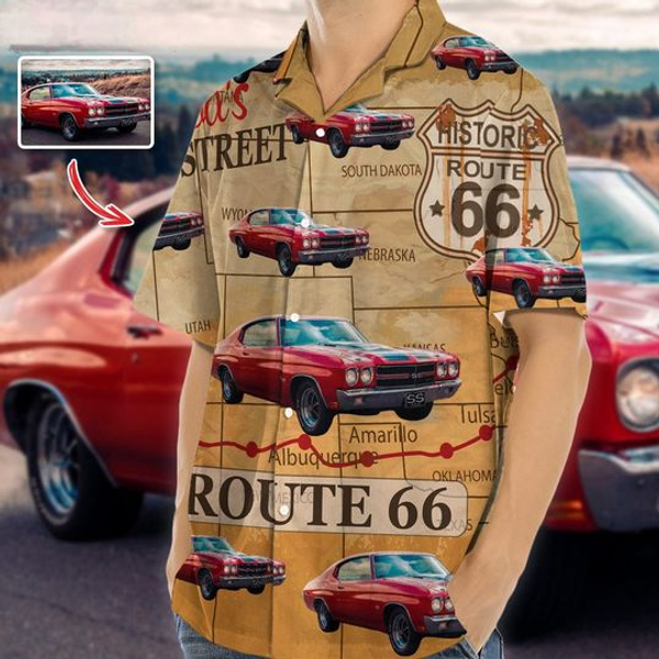 Custom Car Photo Route 66 Personalized Hawaiian Shirt-image