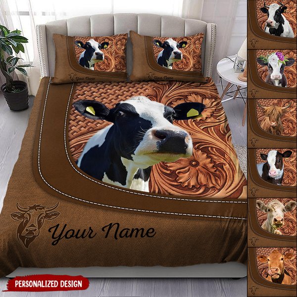 Love Cow Breeds Highland Holstein Cow Cattle Farm Leather Texture Personalized Bedding Set-image