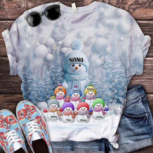 Christmas Blue Vibe Snowman Grandma Mom Colorful Personalized 3D All Over Print T-Shirt-image