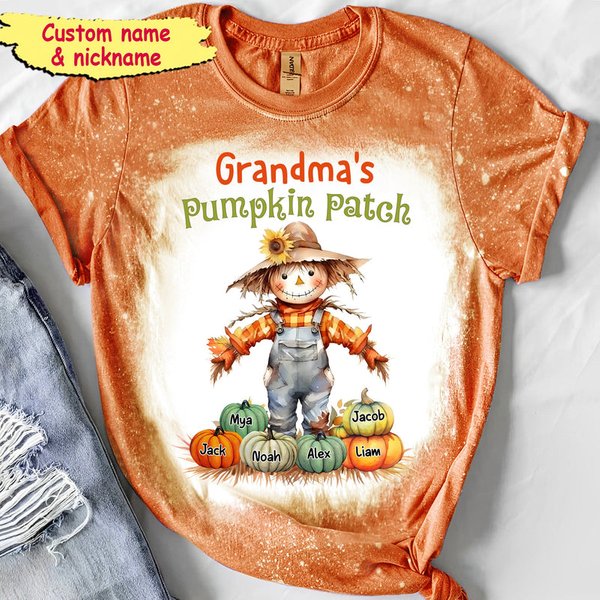 Grandma's Pumpkin Patch Scarecrow Grandma With Little Pumpkin Kids Personalized 3D T-Shirt-image