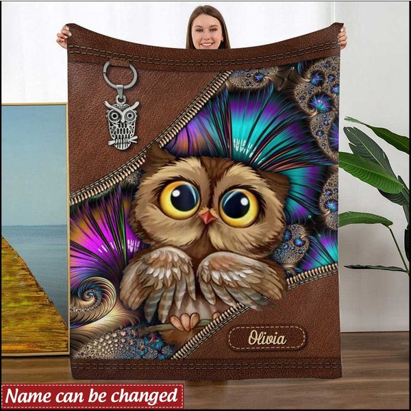 Owl Custom Name Leather Pattern Personalized Fleece Blanket-image