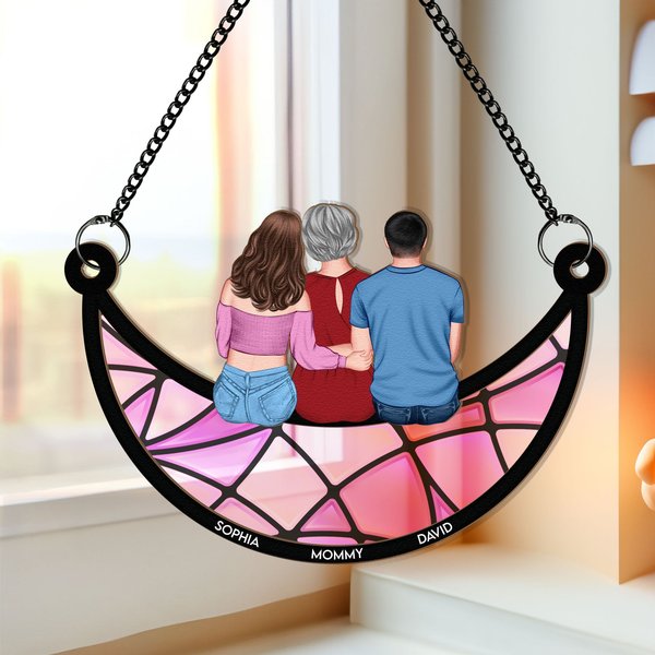 Mom, Children Sitting On The Moon - Personalized Window Hanging Suncatcher Ornament-image