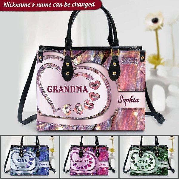 Sparkling Grandma Mom With Sweet Heart Kids, Multi Colors Personalized Leath Handbag-image