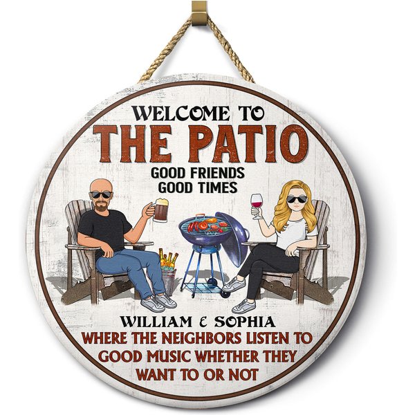 Patio Grilling Listen To Good Music Couple Husband Wife - Backyard Sign - Personalized Custom Wood Circle Sign-image