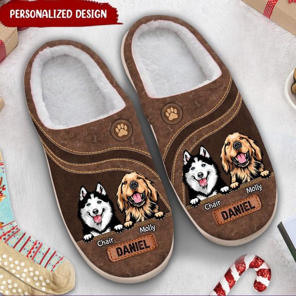 Dog Mom Leather Pattern Personalized Plush Slippers-image