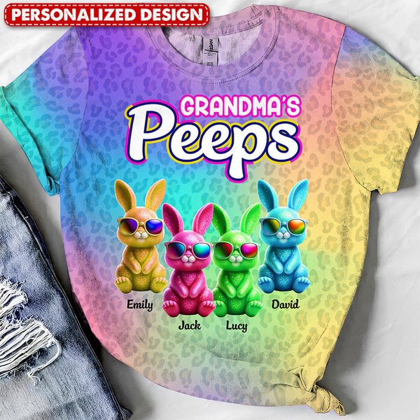 Grandma's Peeps Colorful Leopard Pattern With Cool Bunny Kids Personalized 3D T-Shirt-image