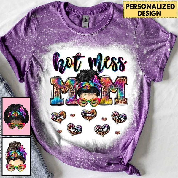 Hot Mess Mom Colorful Leopard Pattern Messy Bun Personalized 3D T-Shirt-image