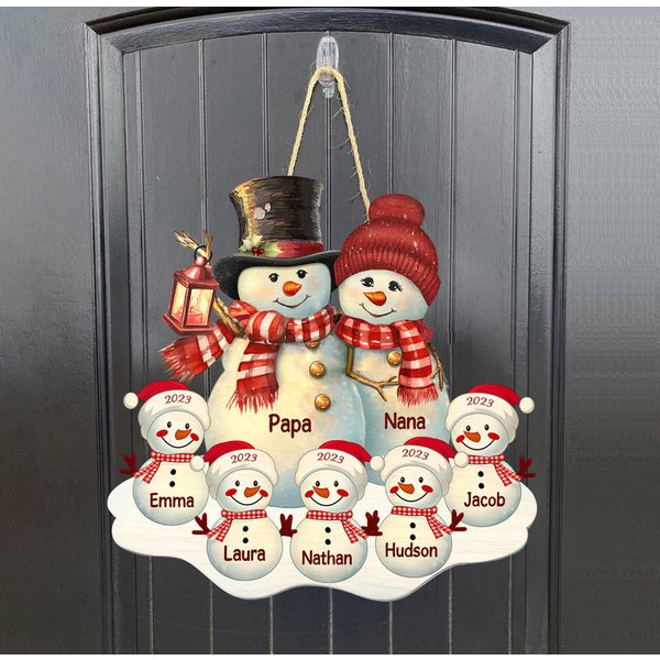 Couple Snowman Christmas Grandma Grandpa With Grandkids Personalized Shape Wooden Sign